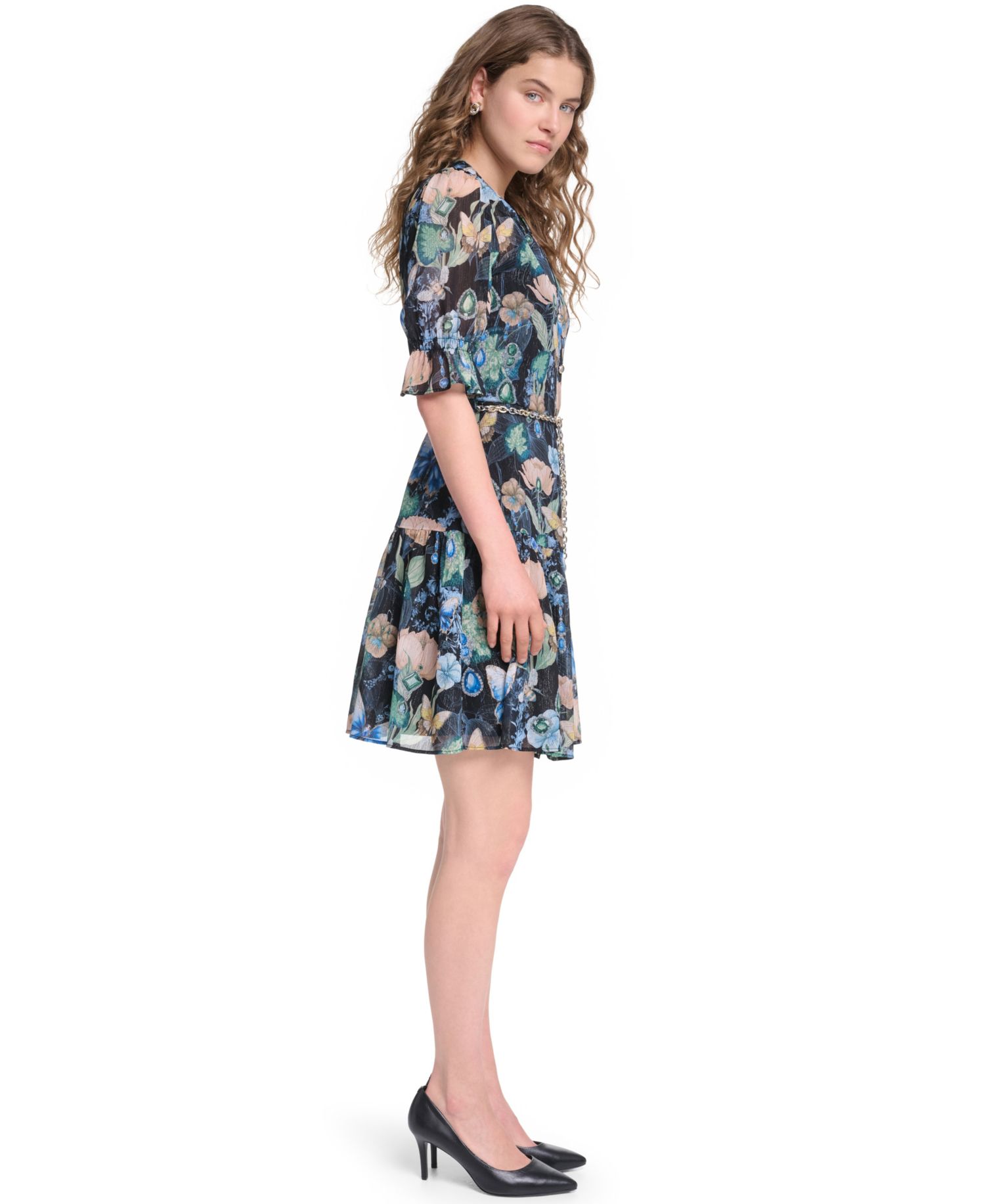 Petite Metallic Crinkle Chain Belt Button-Front Dress
