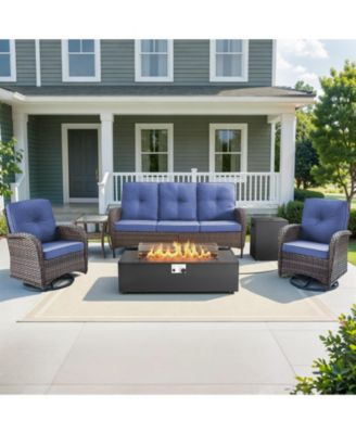 6-Piece Patio Furniture Set with Fire Pit Kit,Wicker Outdoor Swivel Rocker Chairs Patio Sofa for Backyard,Poolside