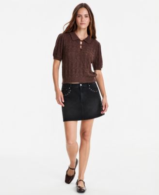 Women's Mid-Rise Grommet-Trim Denim Mini Skirt