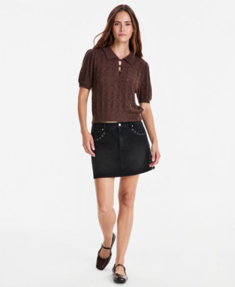 Женская юбка And Now This Mid-Rise Grommet-Trim Denim Mini, цвет: Чёрный