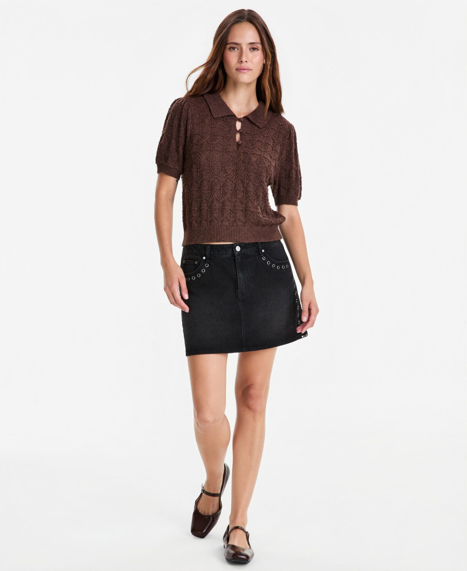 Women's Mid-Rise Grommet-Trim Denim Mini Skirt