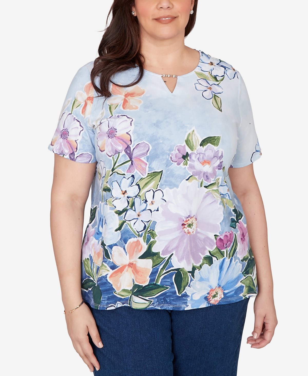 Alfred Dunner Plus Size Artisan Floral Split Neck T-Shirt