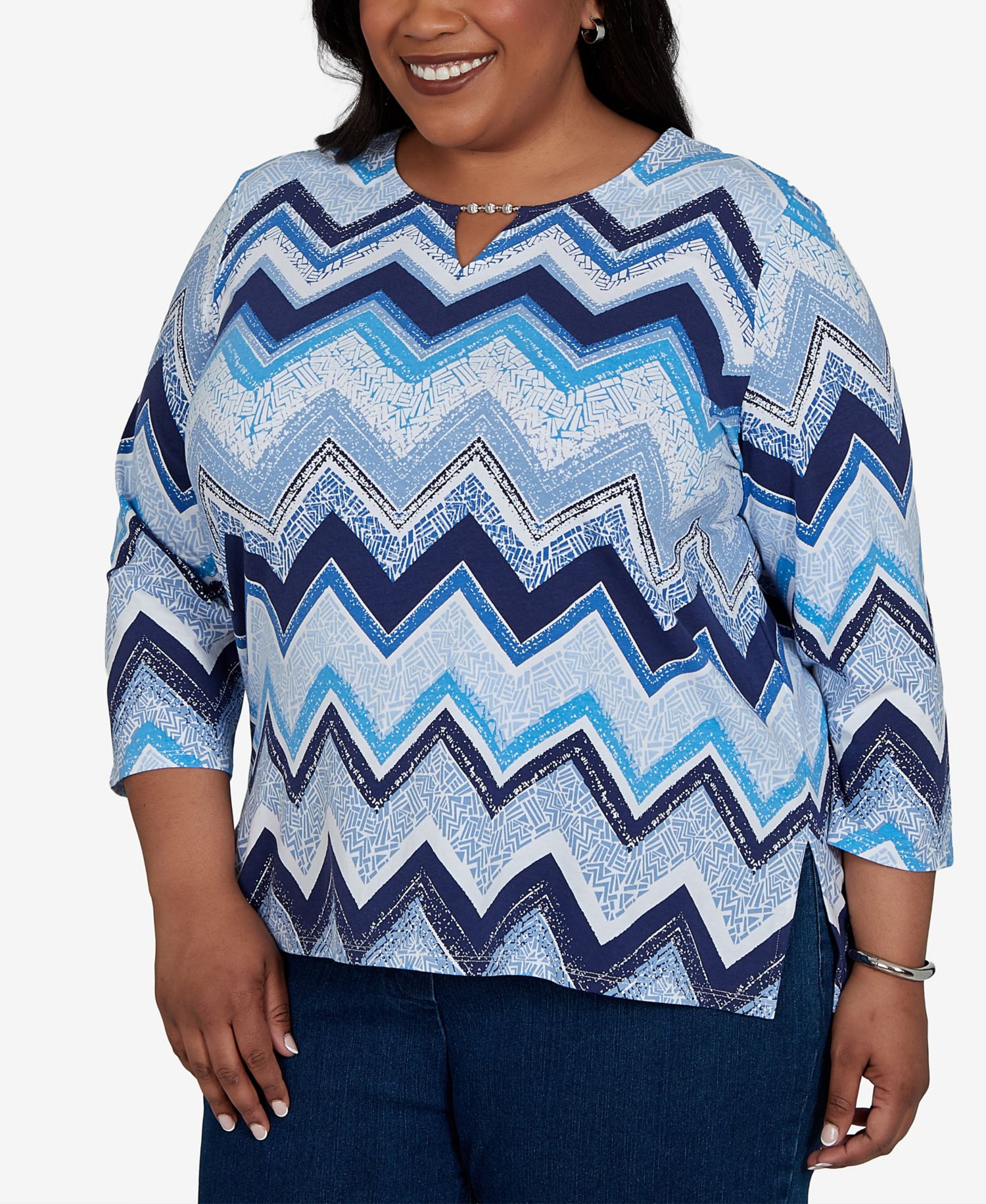 Plus Size Chevron Blues Split Neck Top