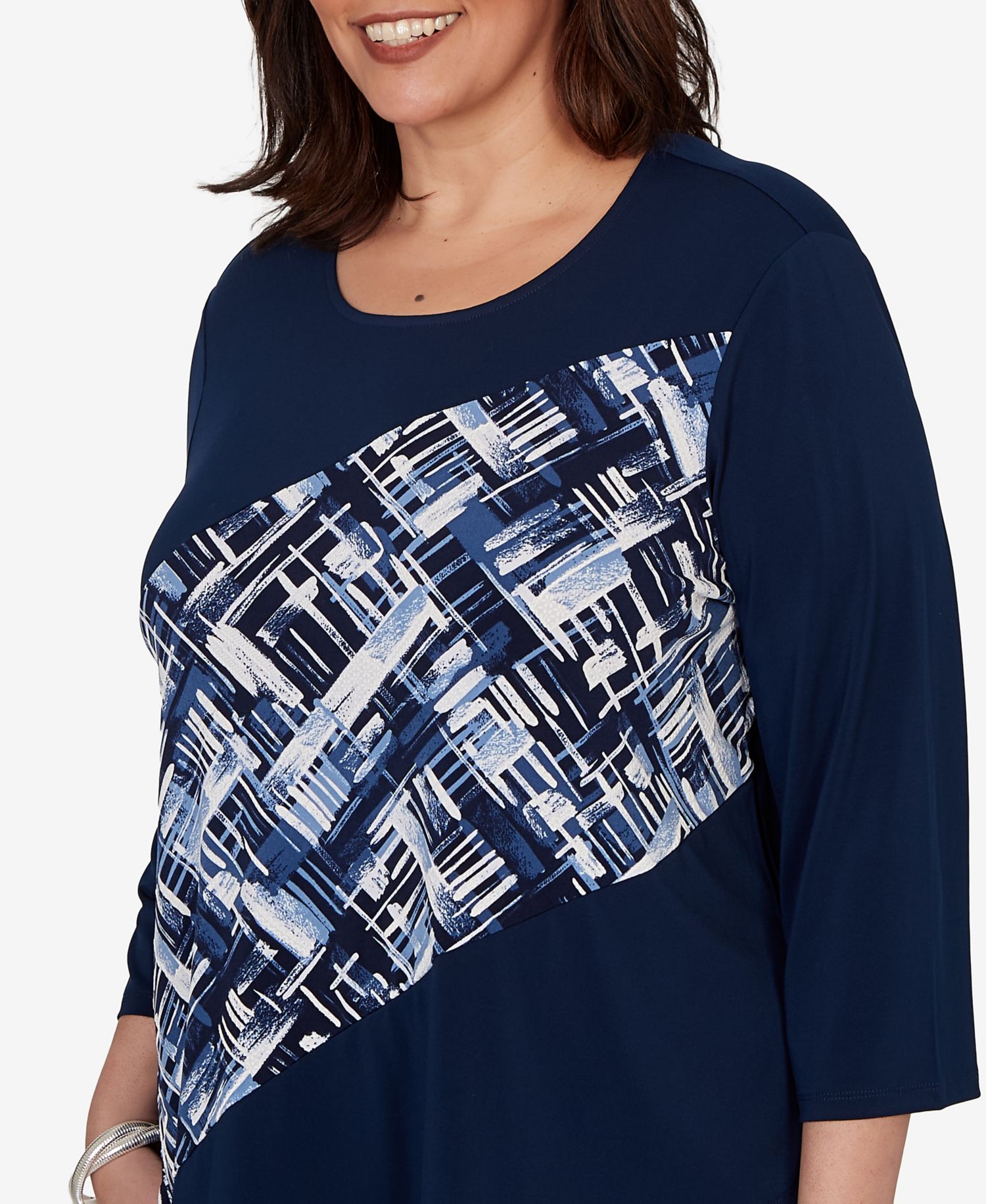 Plus Size Etched Plaid Diagonal Puff Printed Top