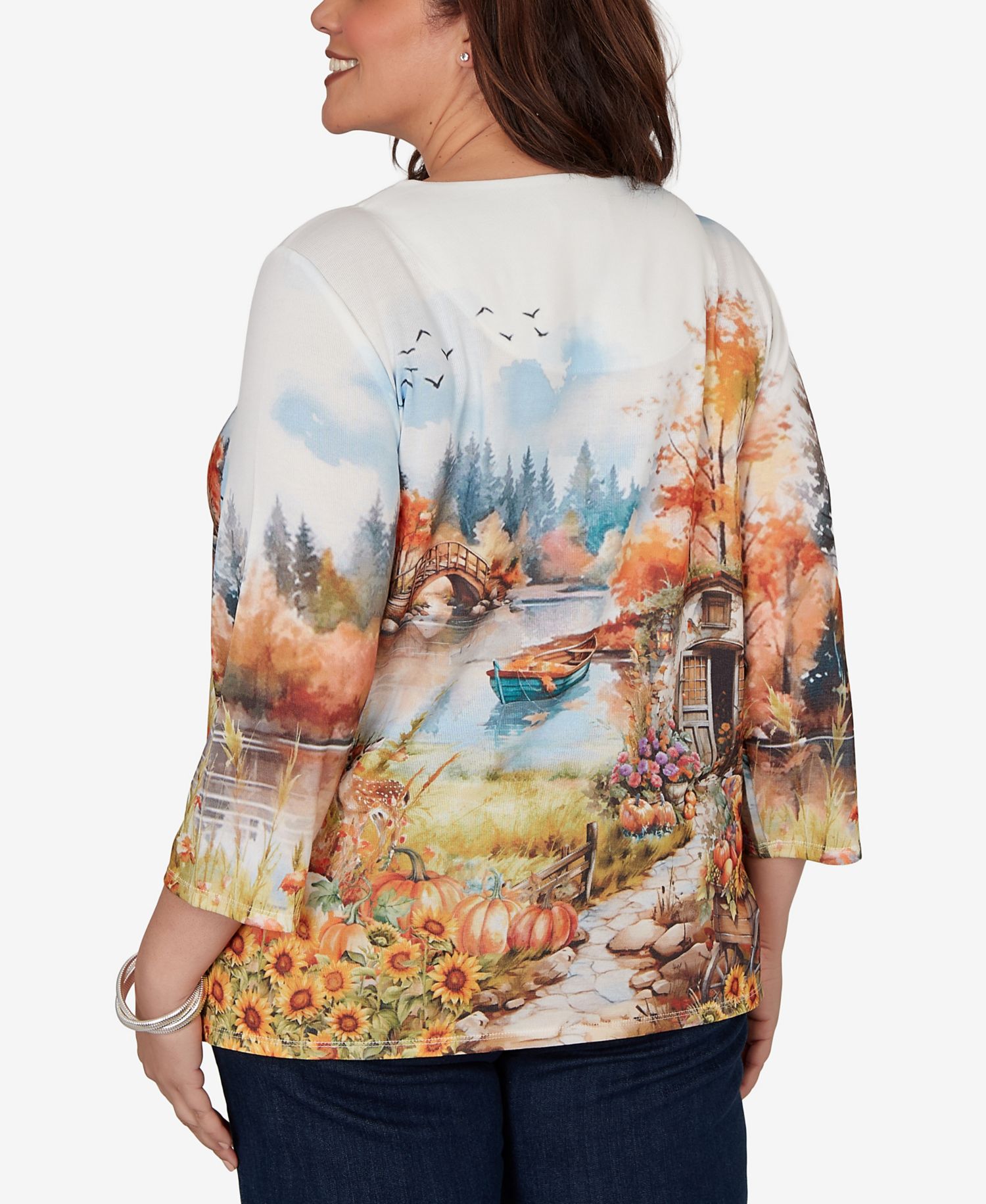 Plus Size Autumn Lake Scenic Print Top