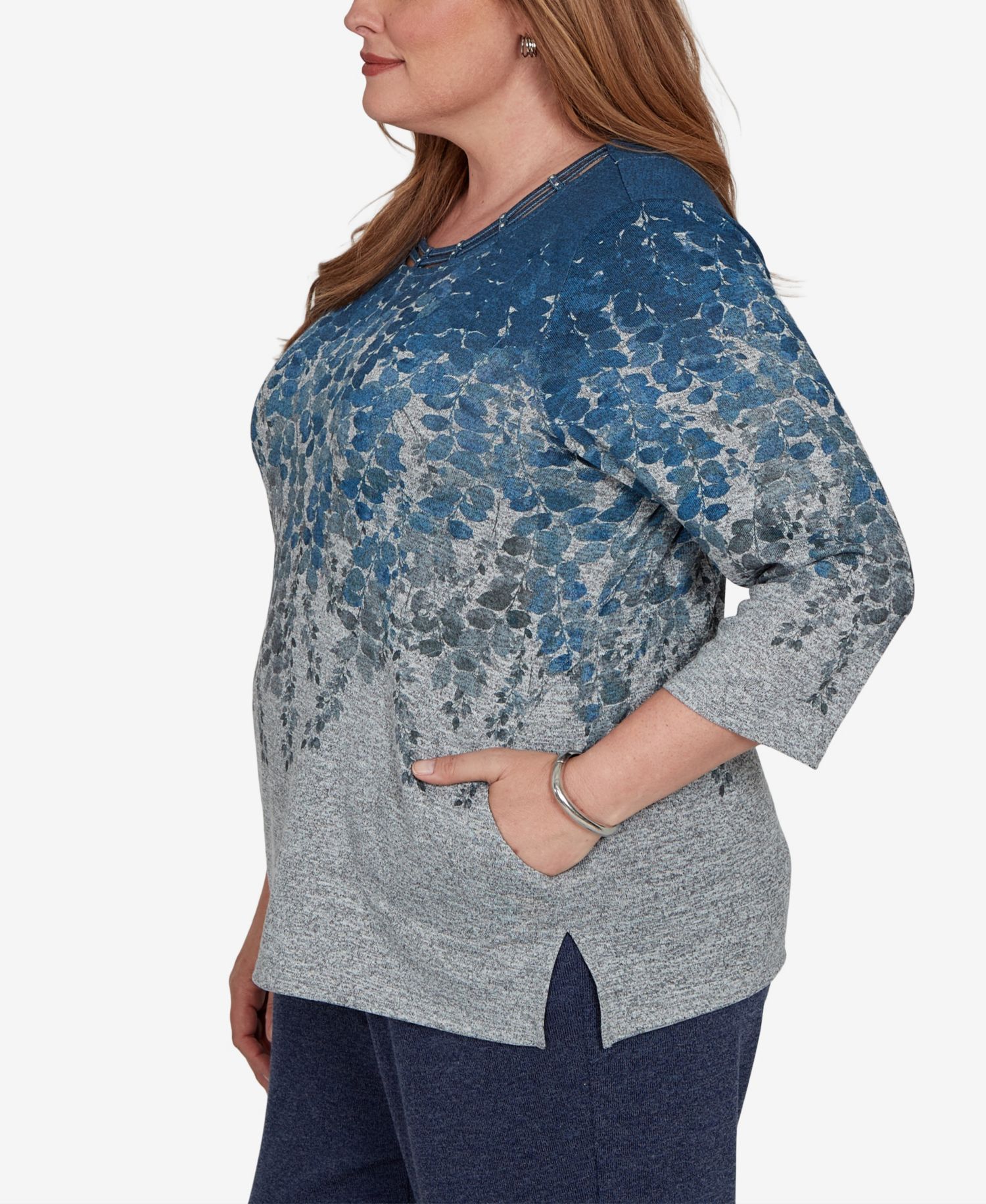 Plus Size Falling Leaves Pocket Knit Top