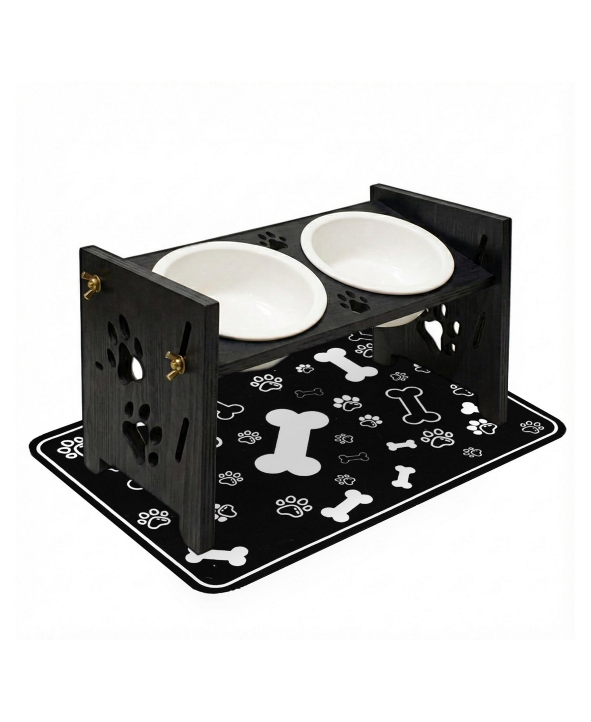 Aronkl Elevated Pet Feeding Stand Adjustable Height Angle Ceramic Bowls with Anti Splash Mat - Black