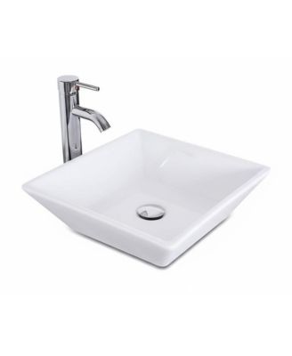 16x16 Inch Square Ceramic Vessel Sink for Bathroom Vanity Beveled Porcelain with Faucet and Pop Up Drain