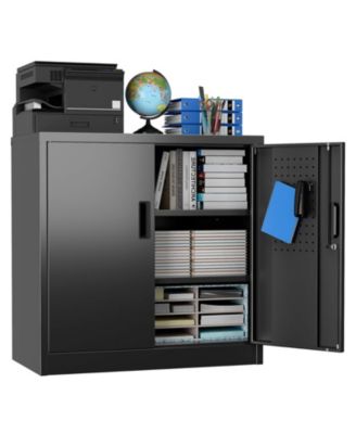 Metal Office Storage Cabinet with Pegboard, Lockable Filing Credenza with Adjustable Shelves for Home and Garage