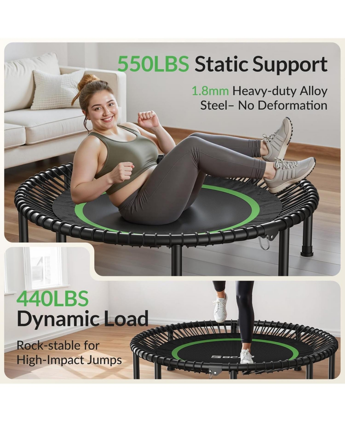 Bcan 450/550LBS Foldable Mini Trampoline for Adults, 40/48 inches Fitness Rebounder with Bungees