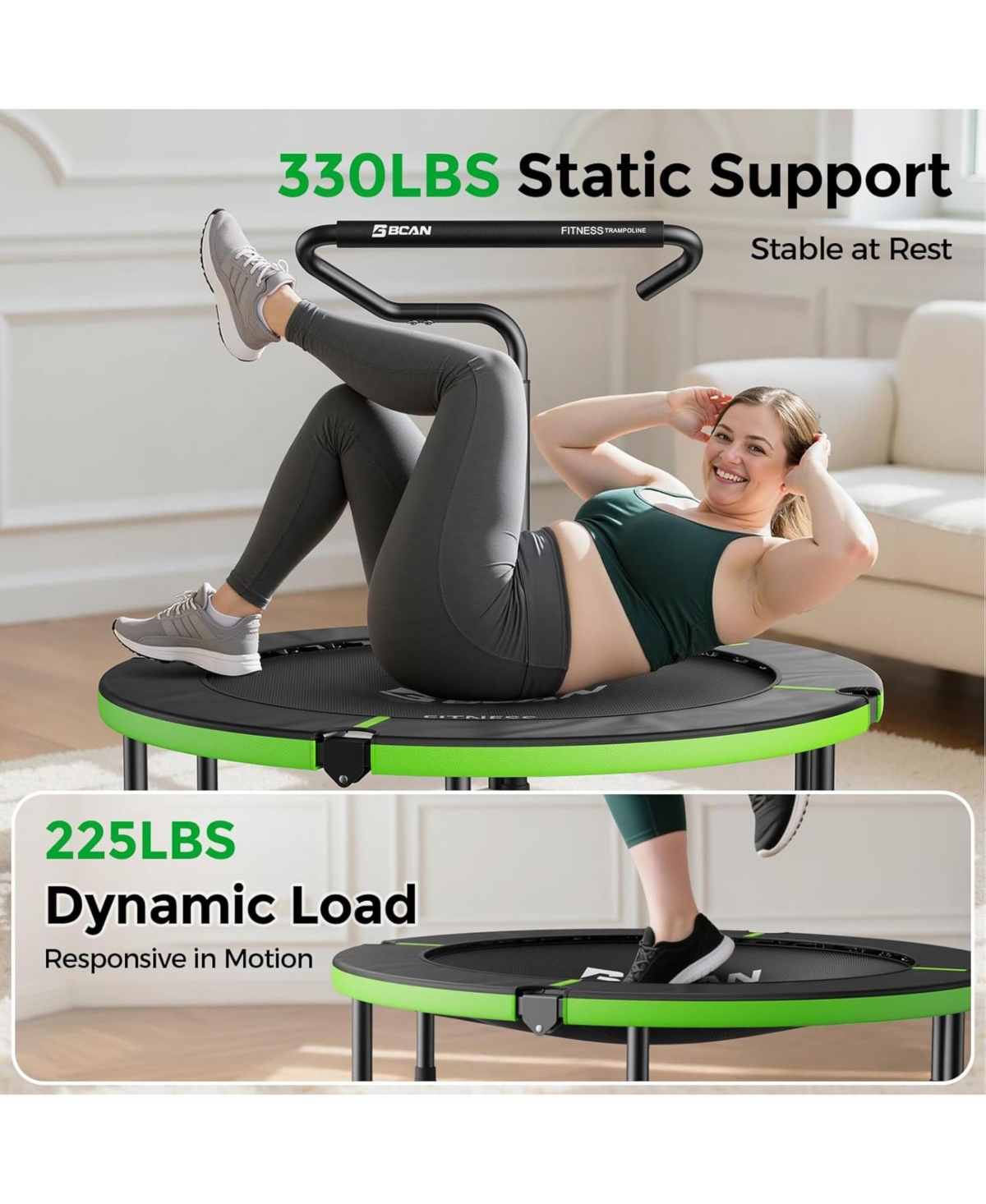 Bcan SP3 Foldable Mini Rebounder Trampoline with Adjustable T Shape Foam Handrail 40 Inch Indoor Garden Workout Trampoline for Adults 330LBS