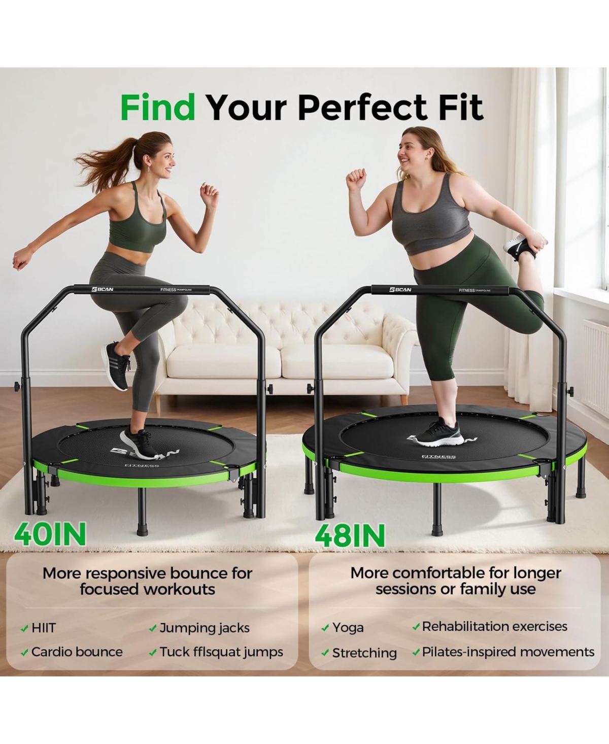 Bcan SP3 Foldable Mini Trampoline with U Shape Adjustable Foam Handle 48 Inch Adult Rebounder Trampoline Home Fitness Workout Max Load 440LBS