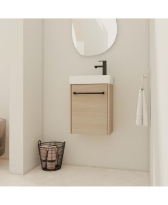 16 Inch Wall Mounted Bathroom Vanity with Ceramic Sink, Soft Close Door, Modern Floating Cabinet for Small Spaces