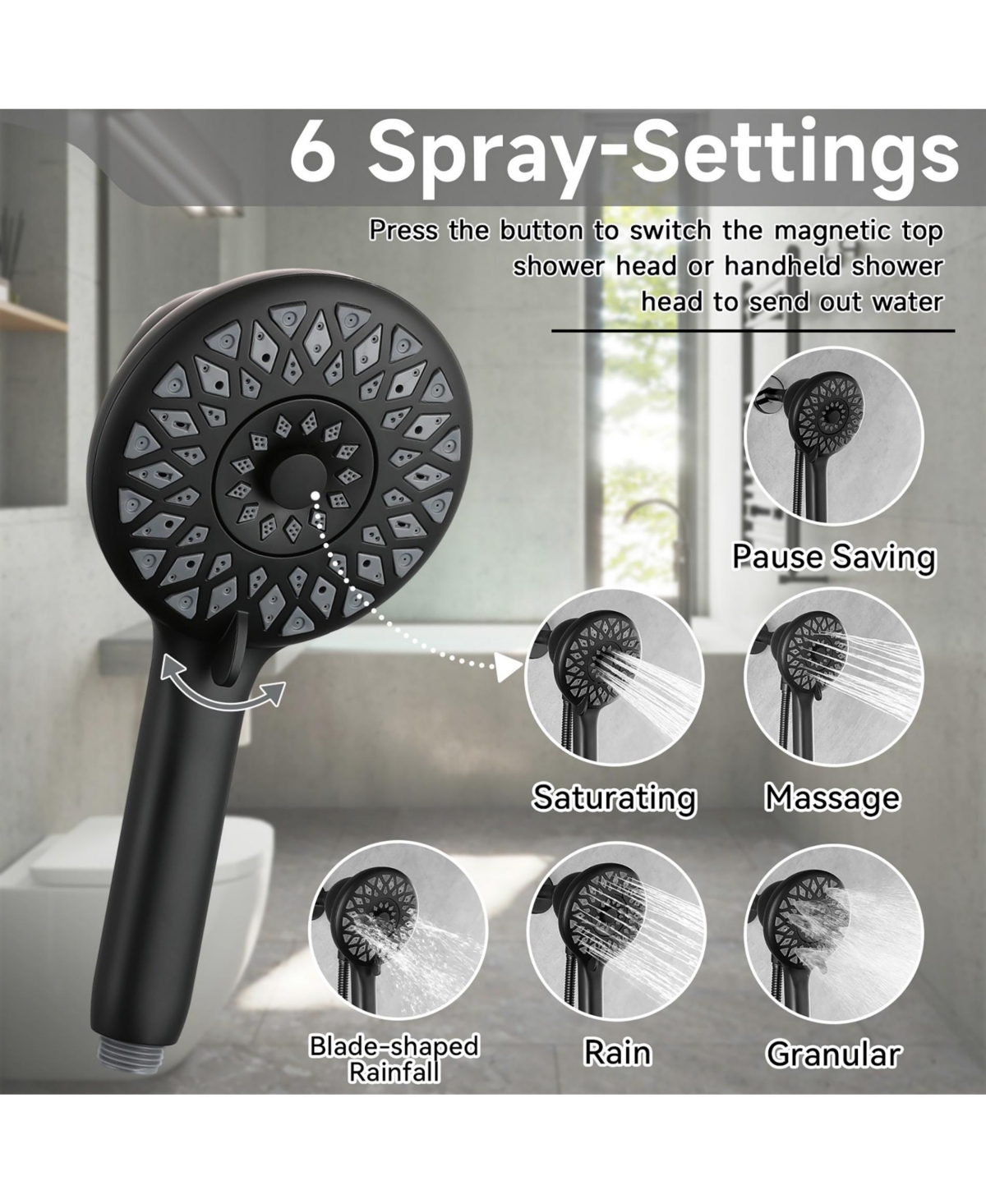 Phying Magnetic Handheld Shower Head 6 Spray Mode High Pressure Shower Head With 60 Inch Stainless Steel Hose For Bathroom Daily Use