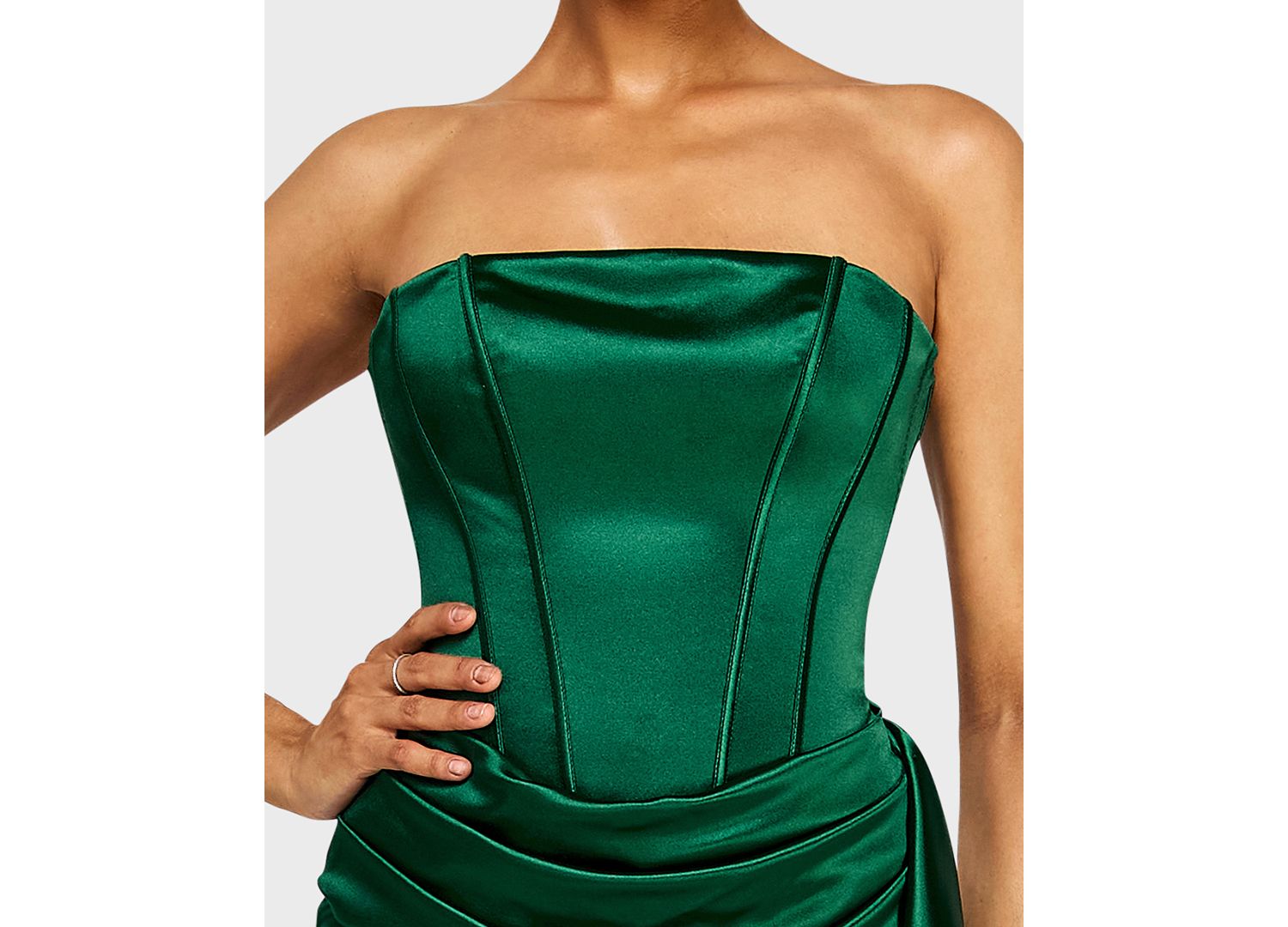 Juniors' Strapless Corseted Satin Knit Side Drape Slim Dress