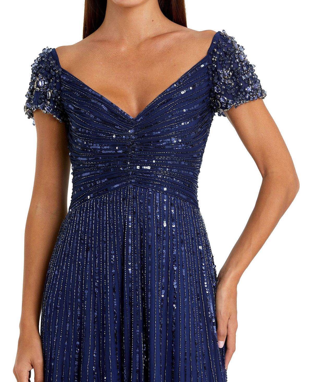 Mac Duggal Women's Beaded Cap Sleeve V-Neck A-Line Evening Gown view 3 — MAYCSS fashion products
