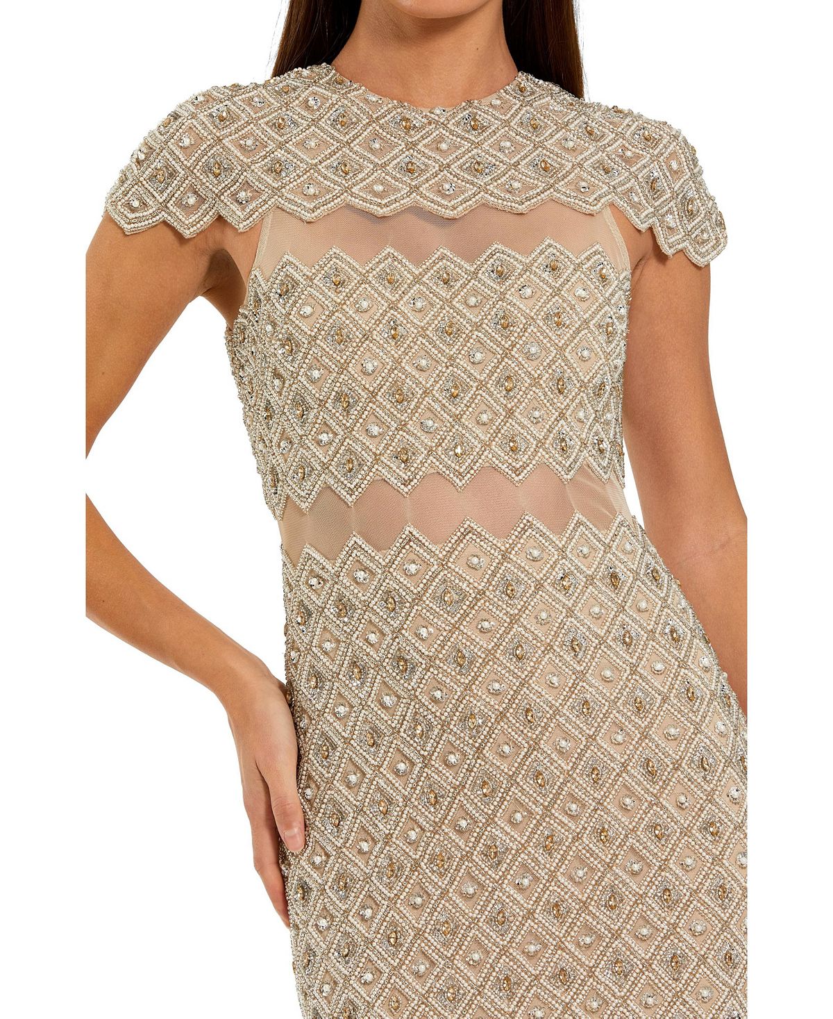 Mac Duggal Women's Beaded Mesh Sheath Midi Dress with Sheer Panels view 3 — MAYCSS fashion products