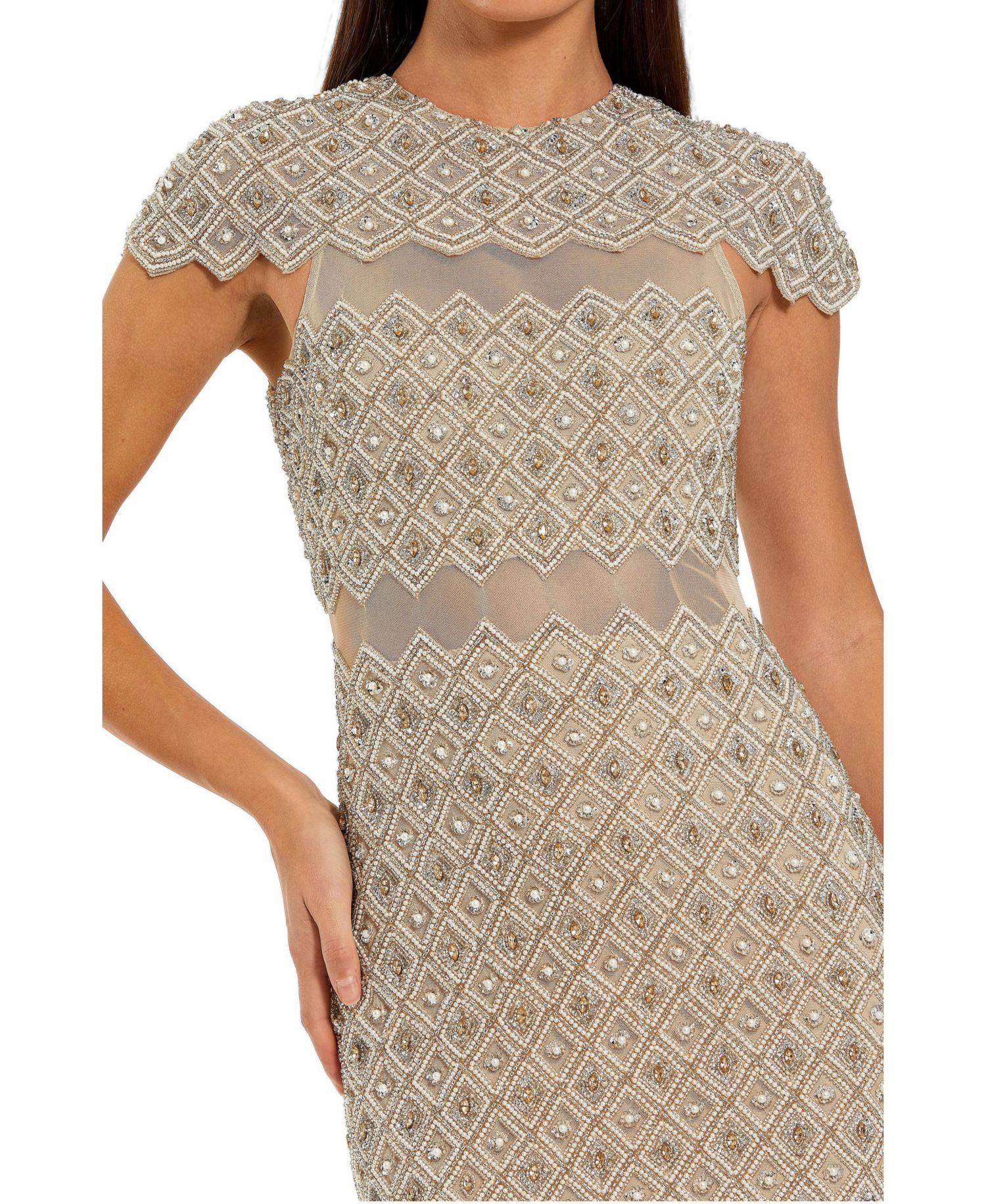 Women's Beaded Mesh Sheath Midi Dress with Sheer Panels