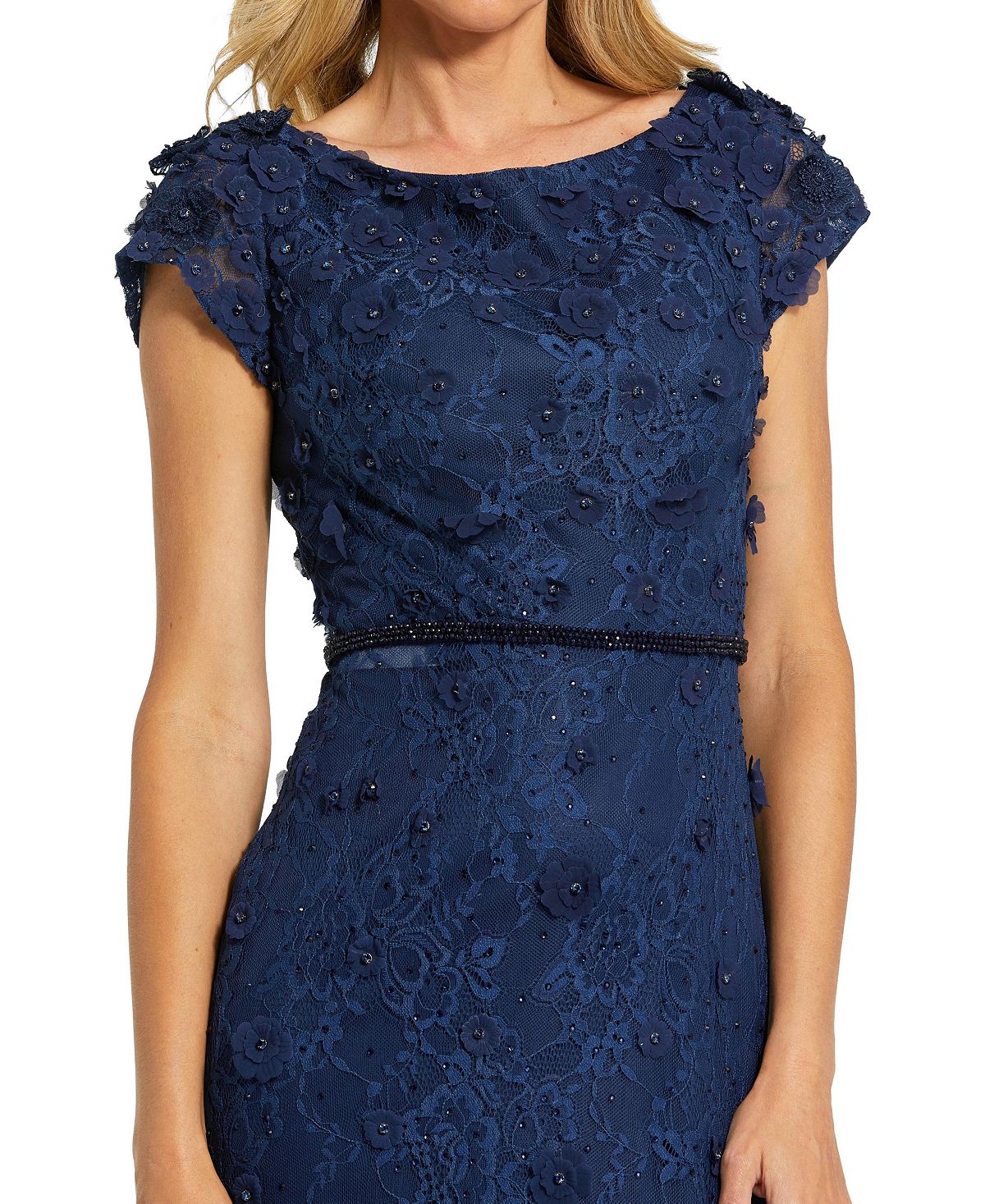 Mac Duggal Women's Petite Floral Applique Boat Neck Cap Sleeve Gown view 3 — MAYCSS fashion products