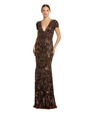 Petite Beaded Sequin V-Neck Cap Sleeve Fitted Column Gown