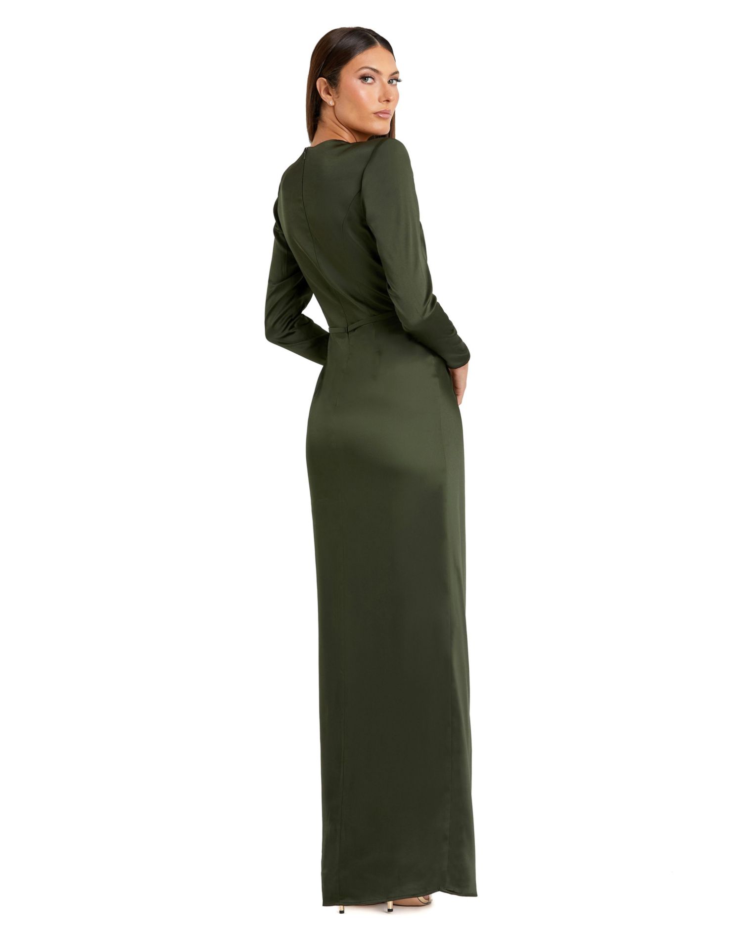Petite Long Sleeve Satin Structured Bow Draped Column Gown