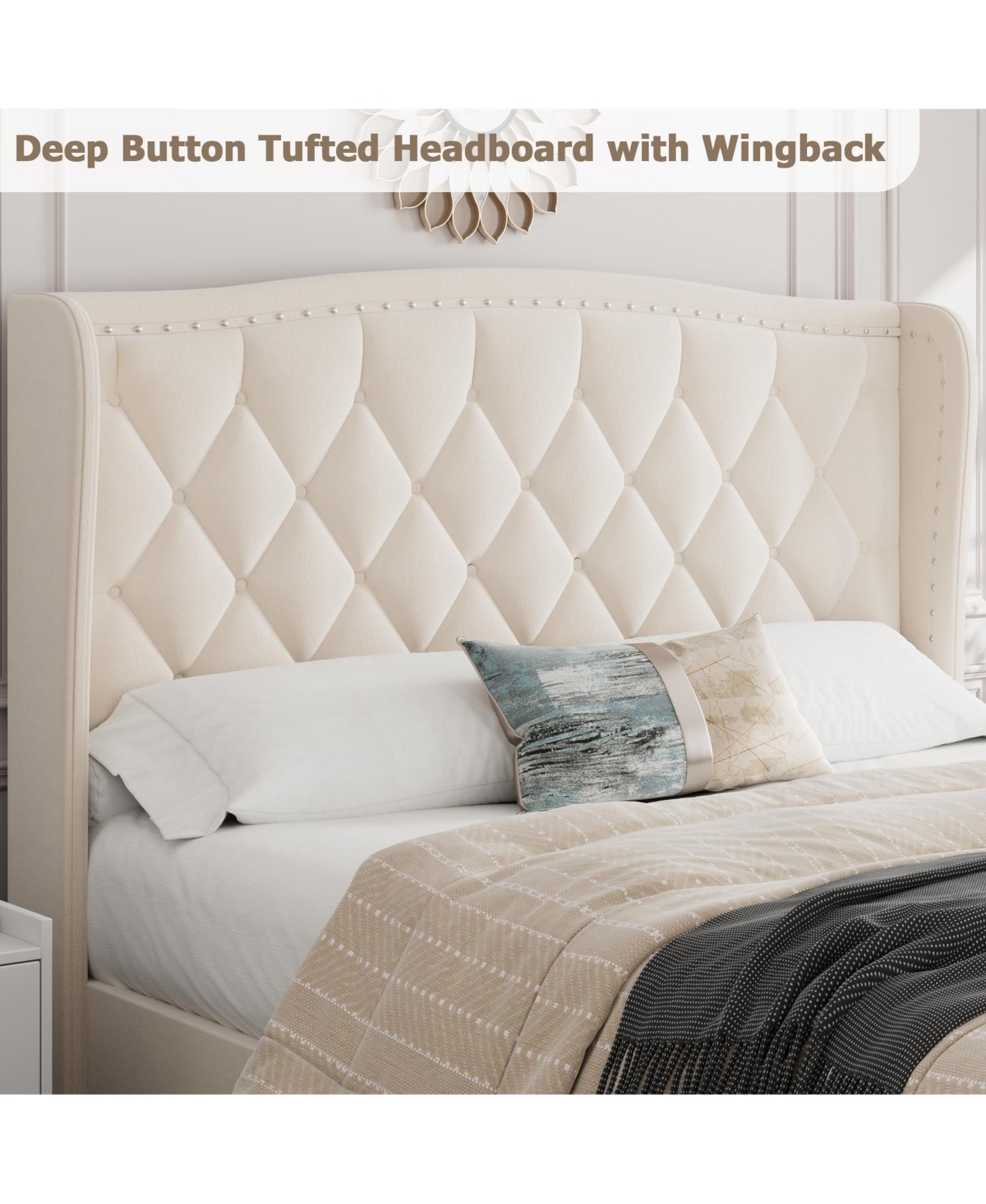 homfan Wingback Tufted Upholstered Bed with Storage Drawers, Built-in Charging Station, Wood Slat Support, No Box Spring Needed, Easy Assembly