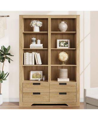 72 Inch Tall 6-Tier Double Wide Farmhouse Bookshelf with 4 Drawers, Heavy Duty Display Shelf with Anti-Tip Kit for Living Room and Home Office