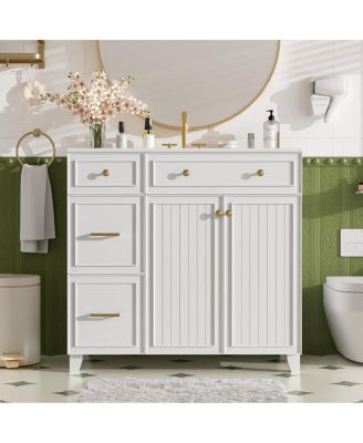 36" Modern Solid Wood MDF Vanity With Ceramic Sink, Double-Layer Drawer Soft-Close Doors, Adjustable Shelf Overflow