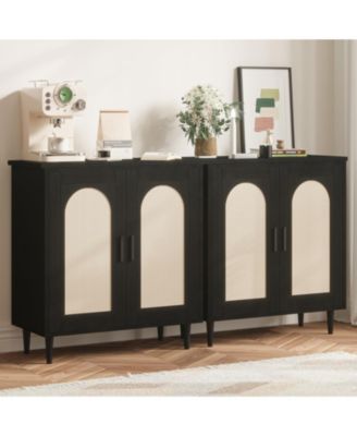 2 Piece Farmhouse Rattan Sideboard Buffet Cabinets, 35.2 Inch Compact Accent Table with Single Door and Adjustable Shelves for Entryway