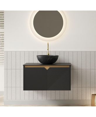24" Wall Mounted Bathroom Vanity with Ceramic Vessel Sink, Sintered Stone Top, Soft Close Door, Modern Plywood Cabinet