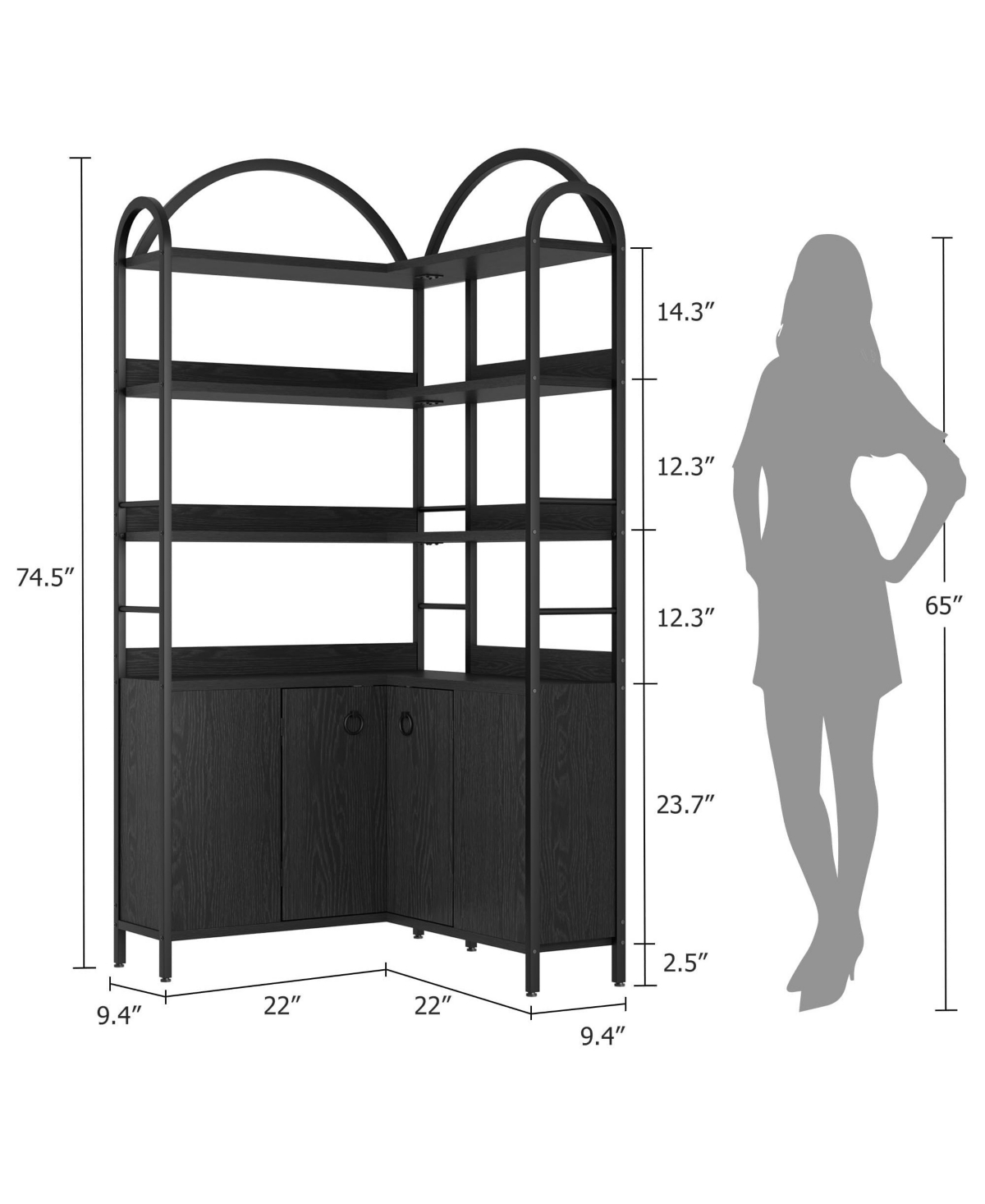 homfan L-Shaped 6-Tier Arched Corner Bookshelf with Metal Frame and Cabinet, 74.5" Tall Storage Unit for Living Room Bedroom