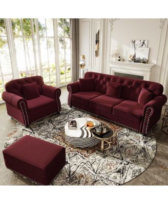 Velvet Chesterfield Sofa with Nailhead Trim and Ottoman