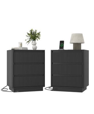 (Set of 2) End Table with USB C Charging Station and 3 Drawers