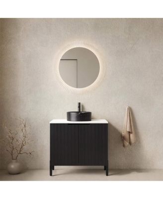 24" Scandinavian Freestanding Bathroom Vanity with Ceramic Bowl Sink, 2-Door MDF Cabinet Black Finish No Faucet
