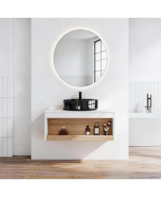 29.5 Inch Wall Mounted Bathroom Vanity with Marble Vessel Sink, Floating Plywood Cabinet, Open Storage for Small Spaces