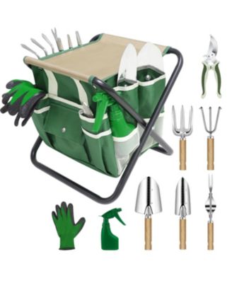 10-Piece Gardening Tool Set Includes Folding Stool, Storage Bag, and Stainless Steel Tools