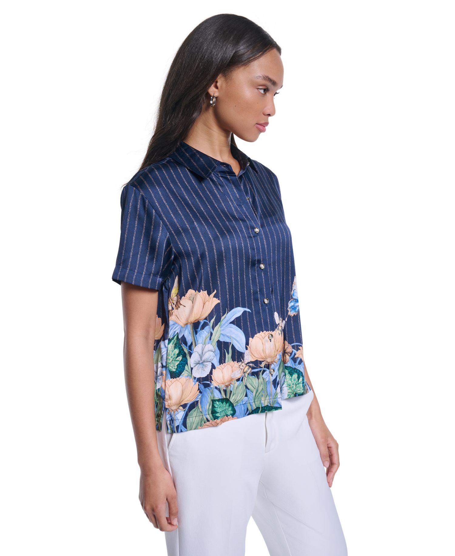Petite Striped Floral Printed Button-Up Blouse