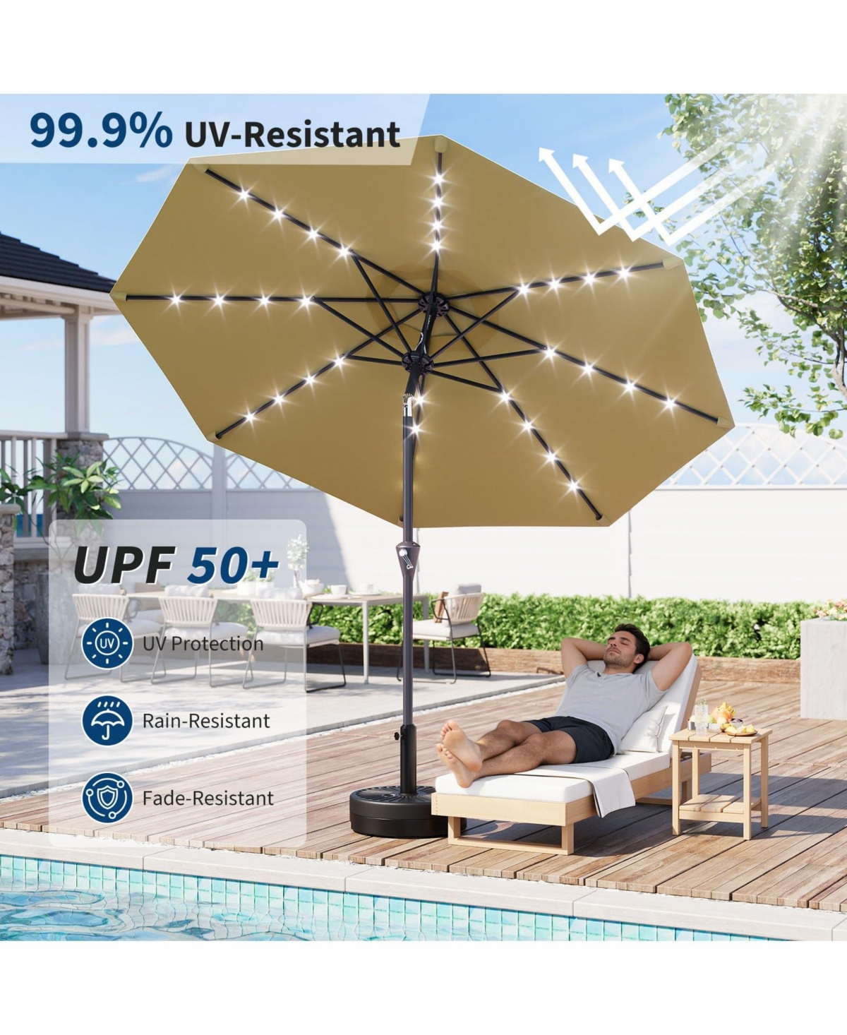 homfan 10Feet Solar Patio Umbrella, Uv Protection, Crank And Push-Button Tilt, 8 Sturdy Ribs, Easy Assembly For Patio, Garden, Pool Deck