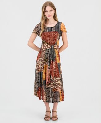 Women's Printed Extended-Sleeve Tie-Waist Dress