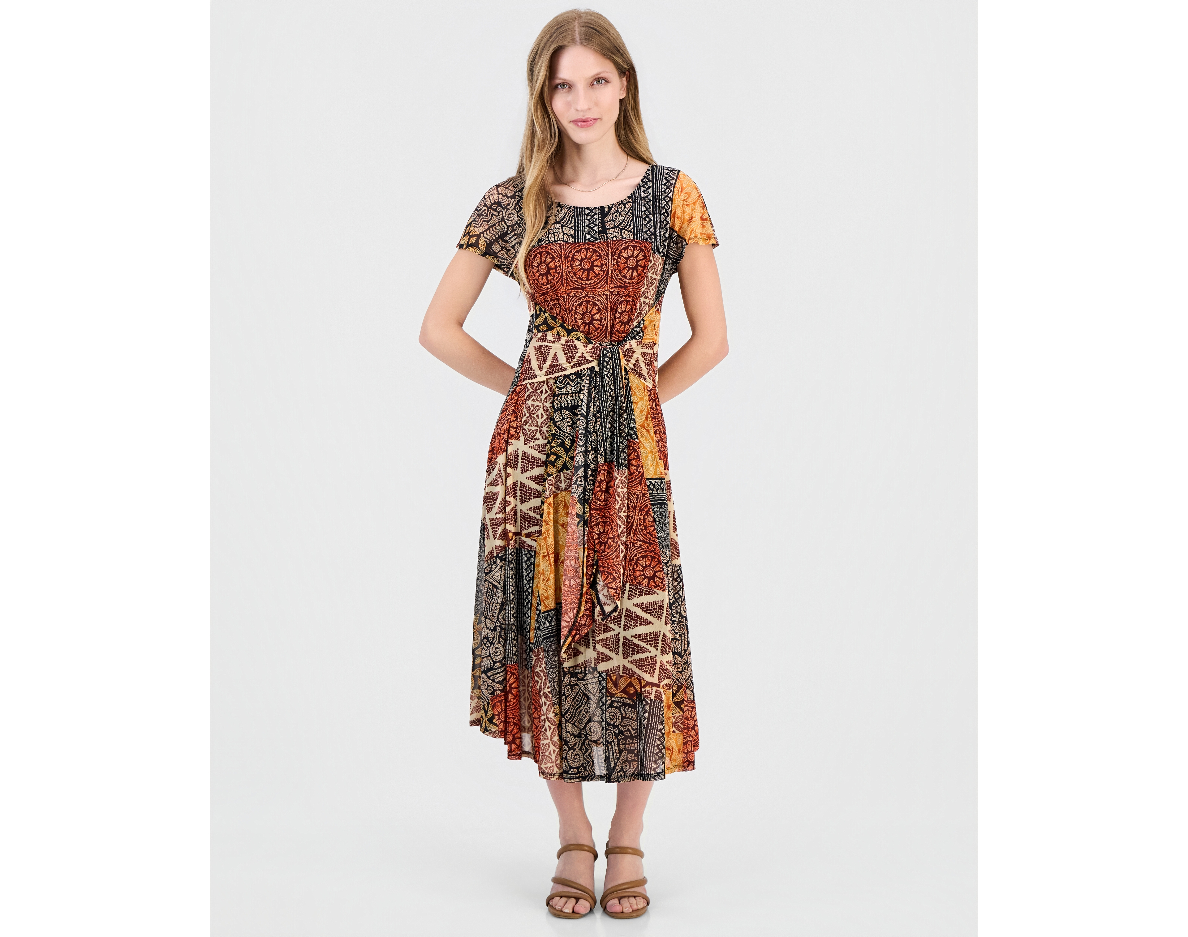Robbie Bee Women's Printed Extended-Sleeve Tie-Waist Dress