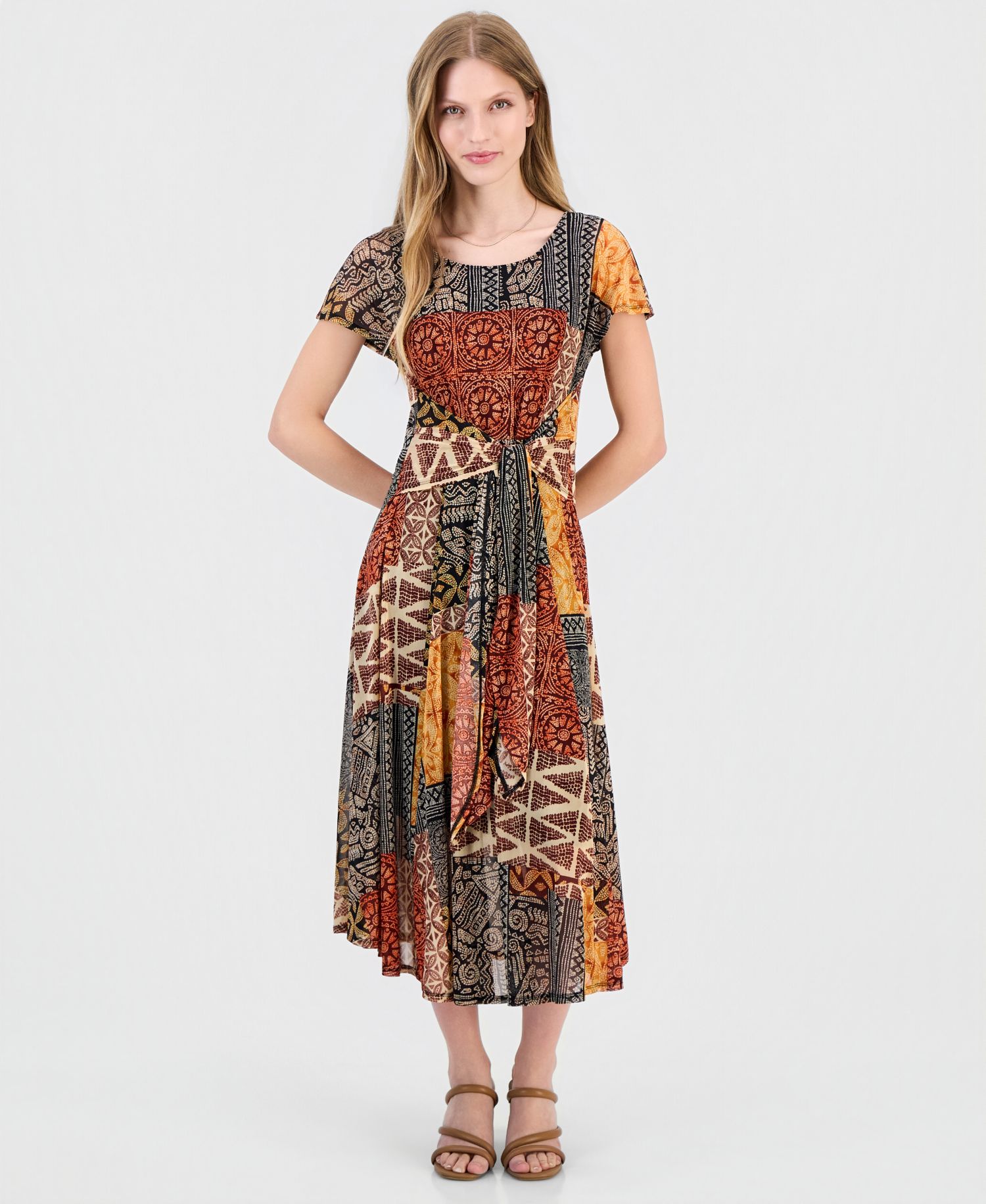 Women's Printed Extended-Sleeve Tie-Waist Dress