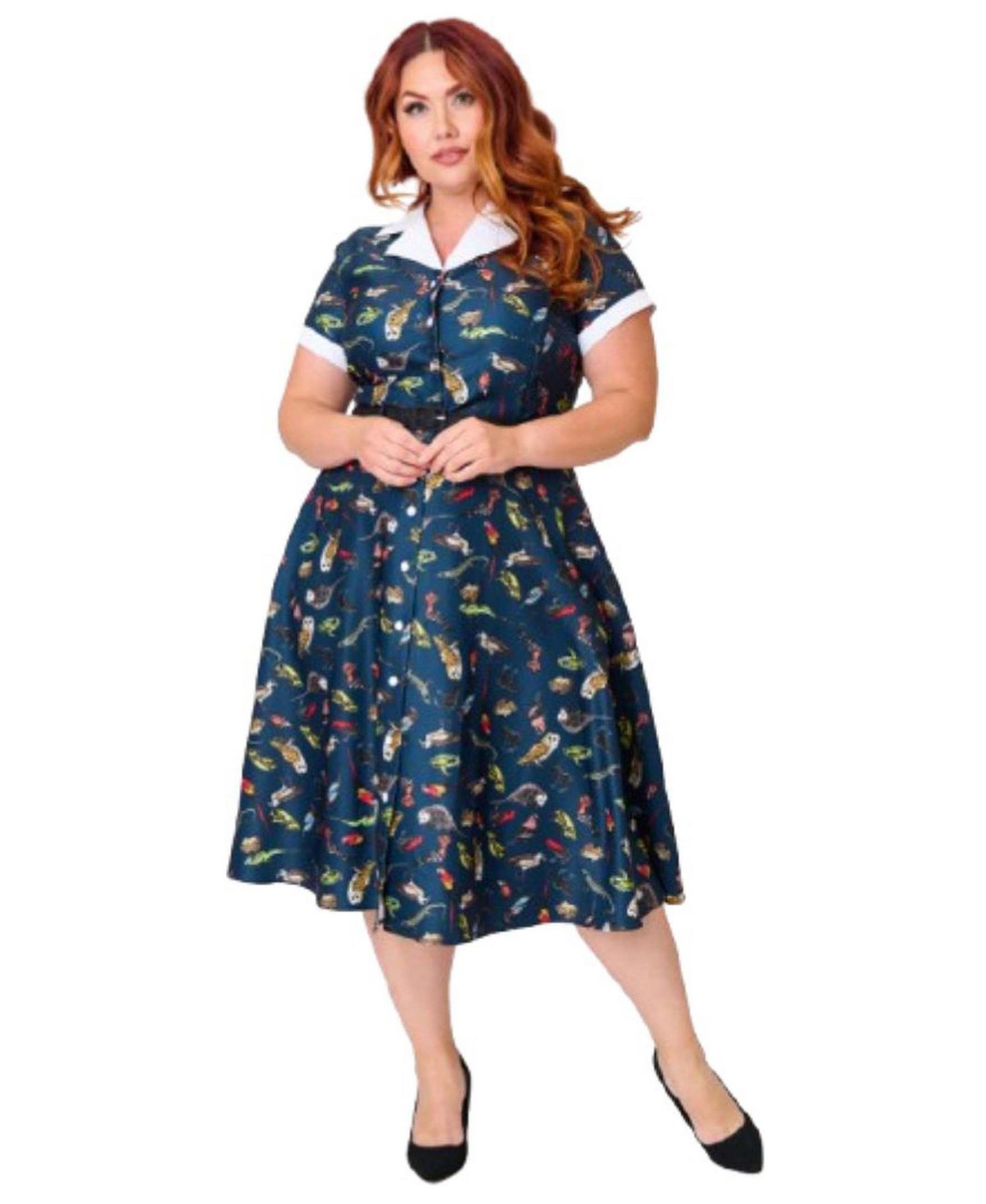 Plus Size Collared Short Sleeved Belted Alexis Swing Dress