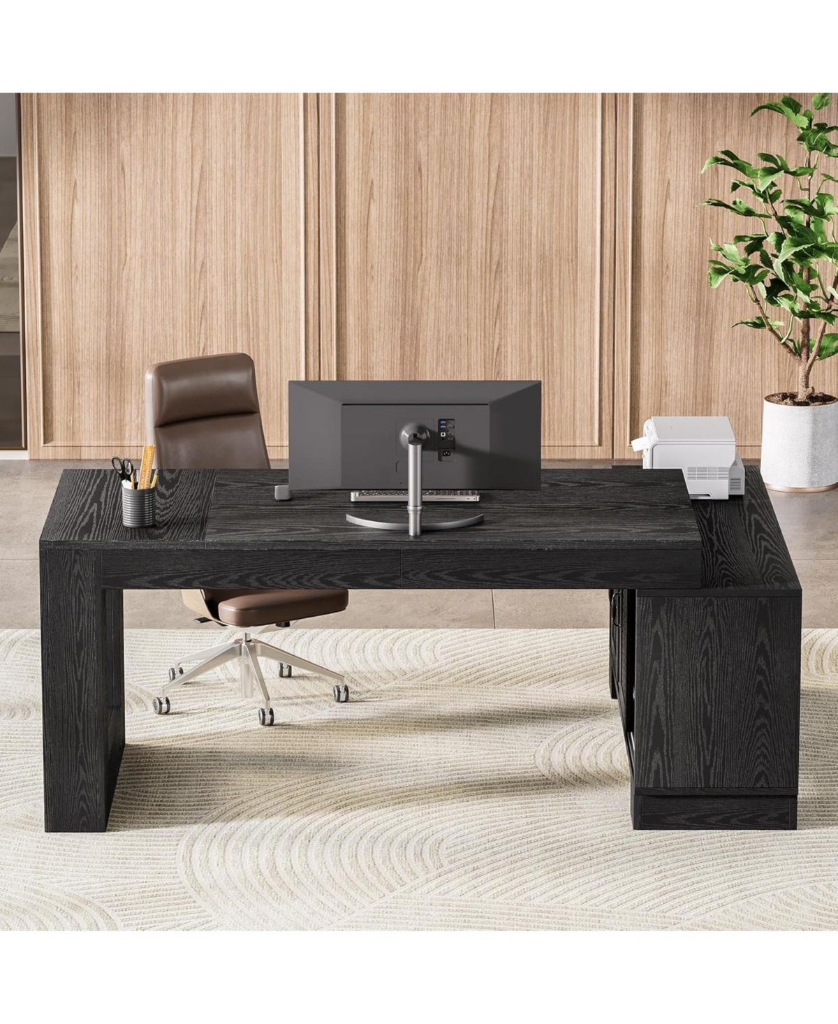 Tribesigns 63-Inch L-Shaped Wood Executive Desk with Storage Cabinets and 2-Tier Shelf, Modern Business Workstation
