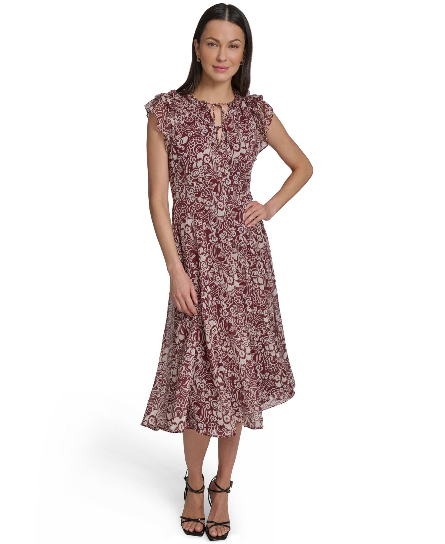 Women's Flutter-Sleeve Tie Neck Chiffon Midi Dress