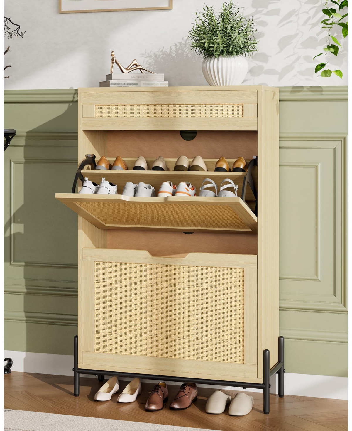 Homfan Wood Rattan Shoe Cabinet with Flip Drawers and Top Drawer, Adjustable Shelves, Slim Entryway Storage for Hallway