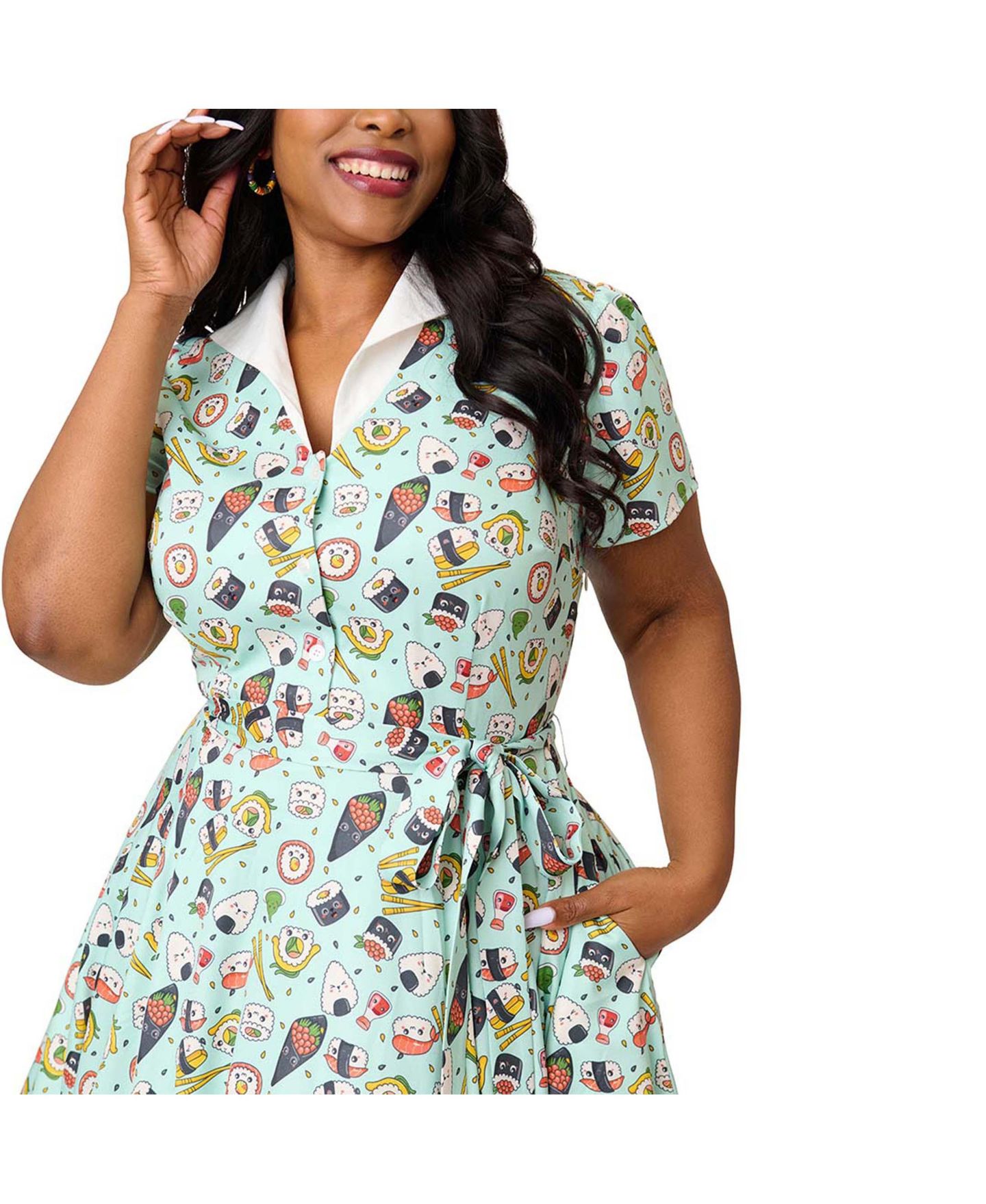 Женское платье Unique Vintage Plus Size 1950s Collared Shirt Dress, цвет: Зелёный с принтом — фото 3