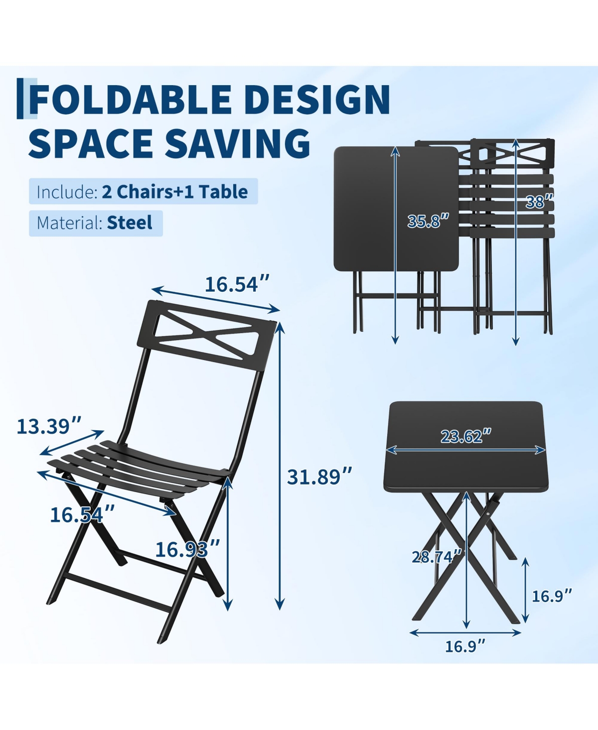 homfan Folding Bistro Set Outdoor Patio Furniture, 3-Piece Foldable Table and Chairs with Heavy-Duty Steel Frame
