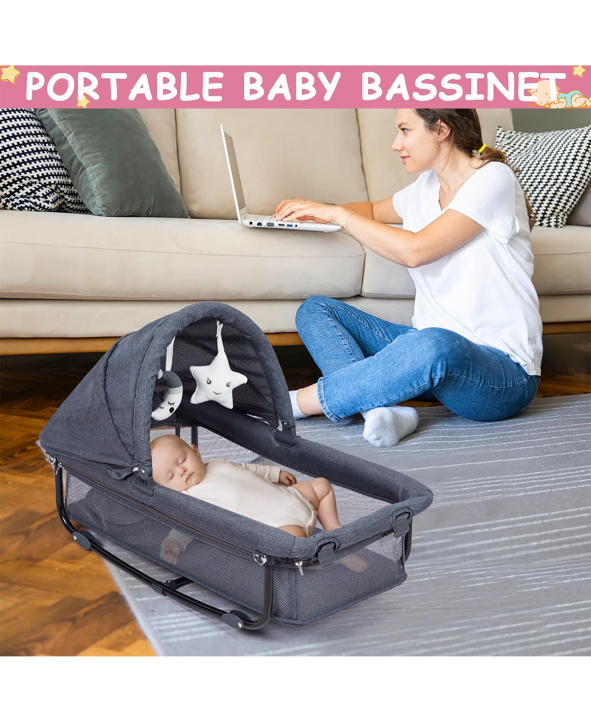 Gaomon 5-in-1 Foldable Pack and Play Baby Playard, Bedside Sleeper with Bassinet Diaper Changer, Lockable Wheel Nursery Center for Newborn Toddler