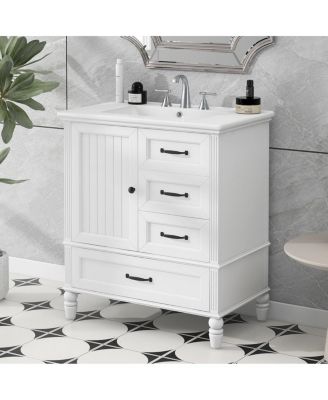 30"Retro Freestanding Vanity With Ceramic Sink, Acacia Wood and MDF Frame, 1 Door 3 Drawers Soft-Close
