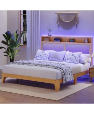 Rattan Bed Frame with RGB LED Lights, Boho Style, Storage Headboard And Charging Station